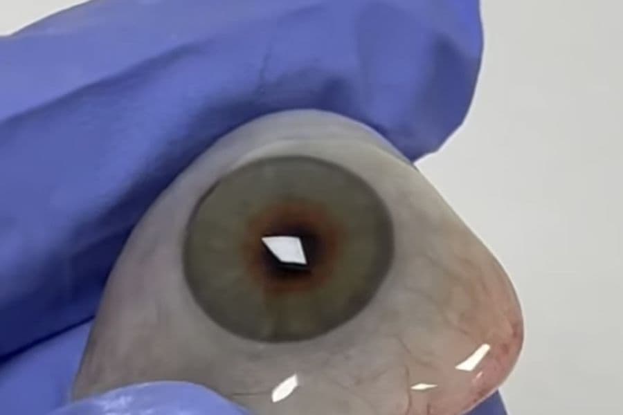 Prótesis ocular acabada, sostenida con guantes