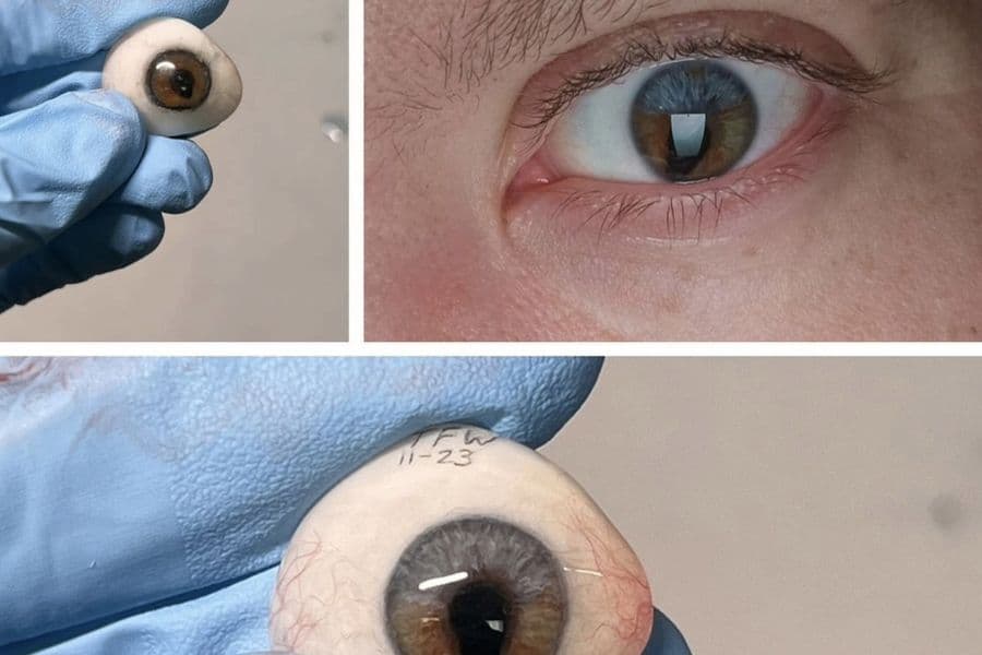 Prótesis terminada junto a una fotografía del ojo sano del paciente