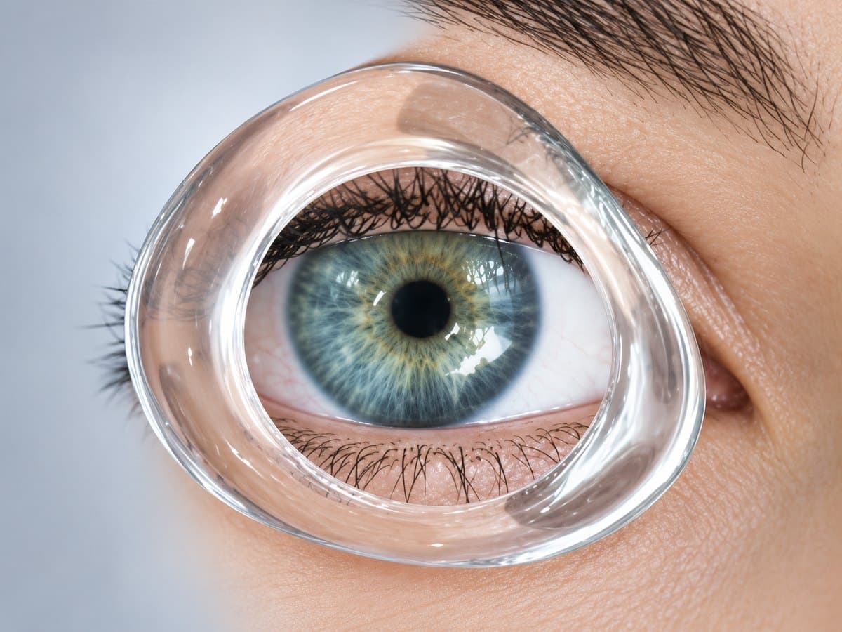 Anillo de simbléfaro transparente colocado sobre el ojo, manteniendo los párpados separados de la superficie ocular
