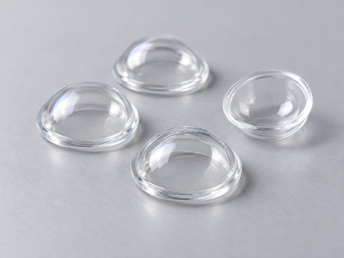 Cuatro conformadores corneales transparentes, en forma de cúpula, sobre una superficie gris