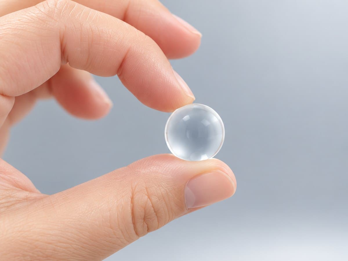 Esfera transparente de PMMA sostenida entre dos dedos sobre fondo gris claro
