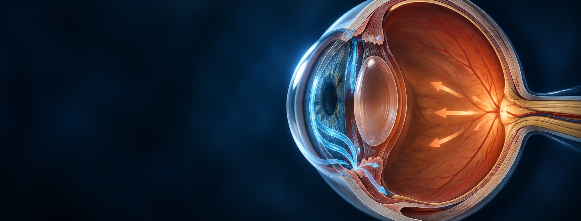 Ilustración anatómica de un ojo en corte, con el cristalino y el nervio óptico