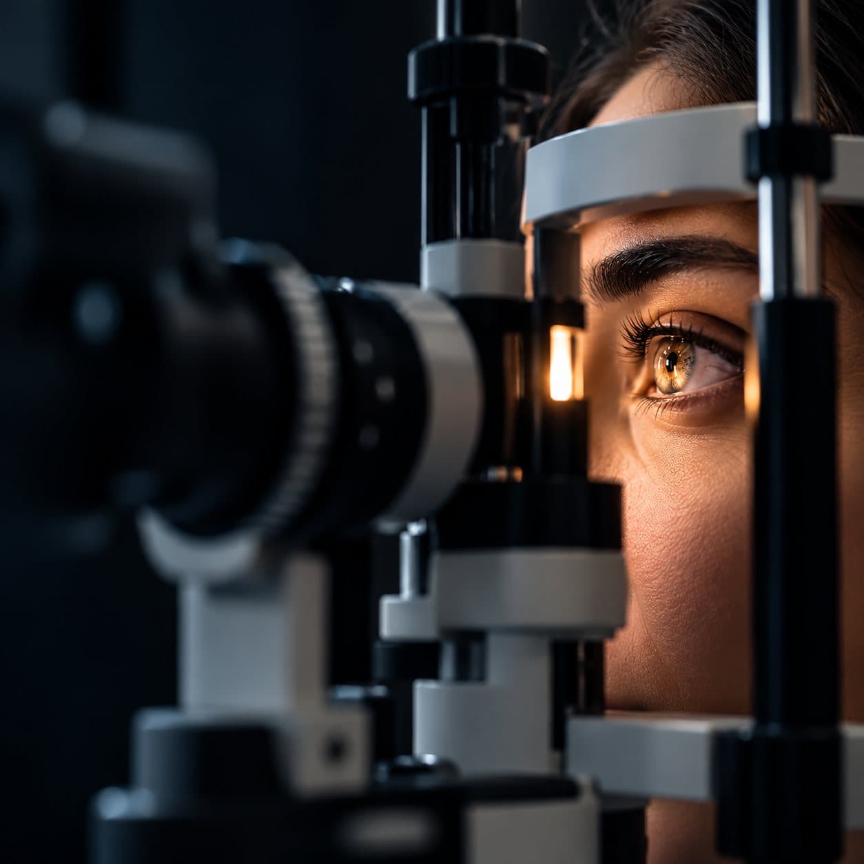 Exploración del ojo con la lámpara de hendidura: el haz de luz ilumina el iris de la paciente