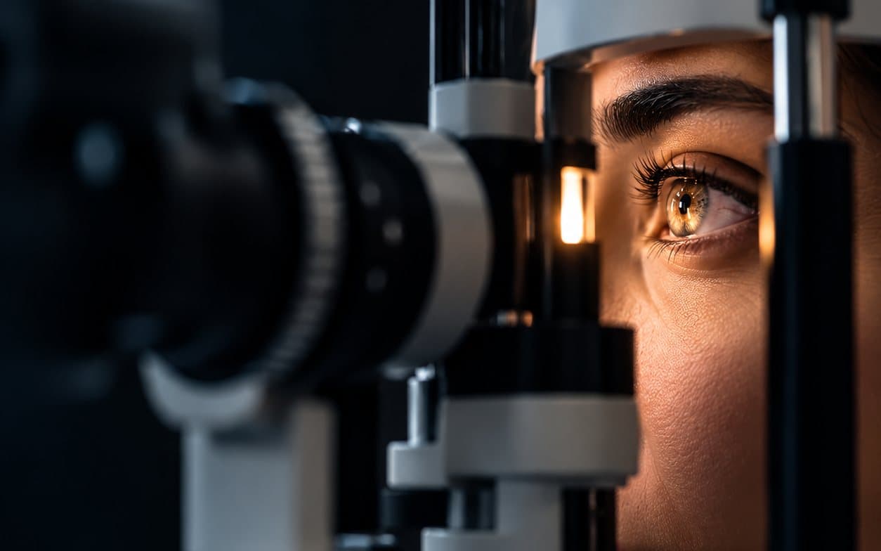 Exploración del ojo con la lámpara de hendidura: el haz de luz ilumina el iris de la paciente